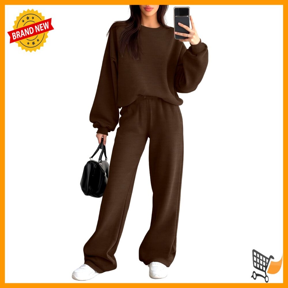 Fleece Lined Lounge Sweatsuit Set Crewneck Pullover Wide Leg Pants Casual